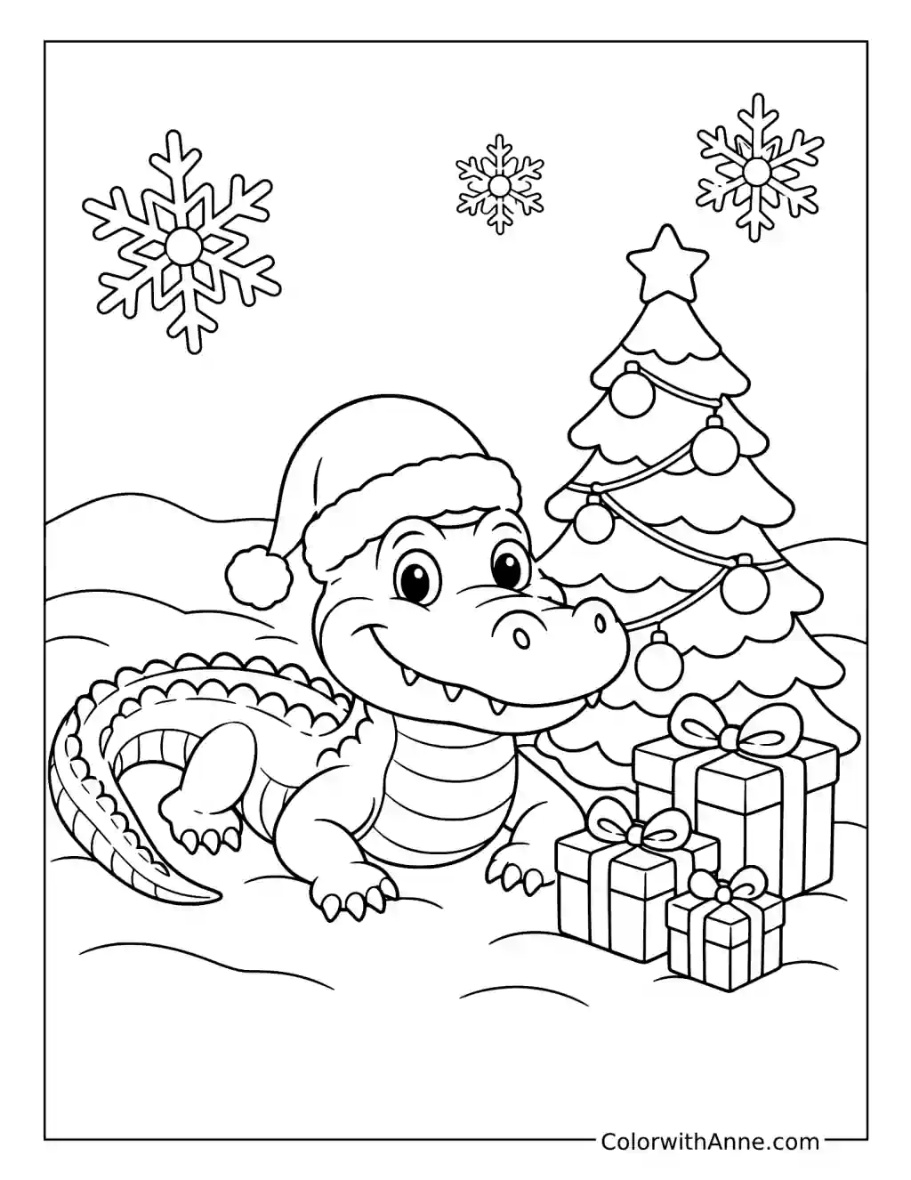 Christmas Alligator by the Tree coloring page