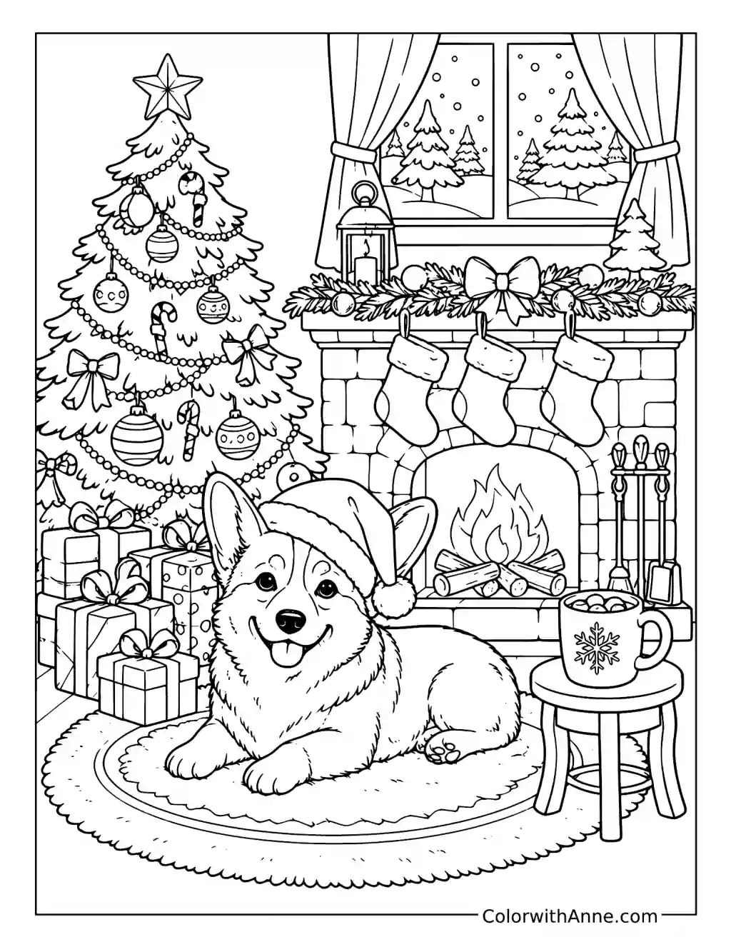 Christmas Corgi by the Fireplace coloring page