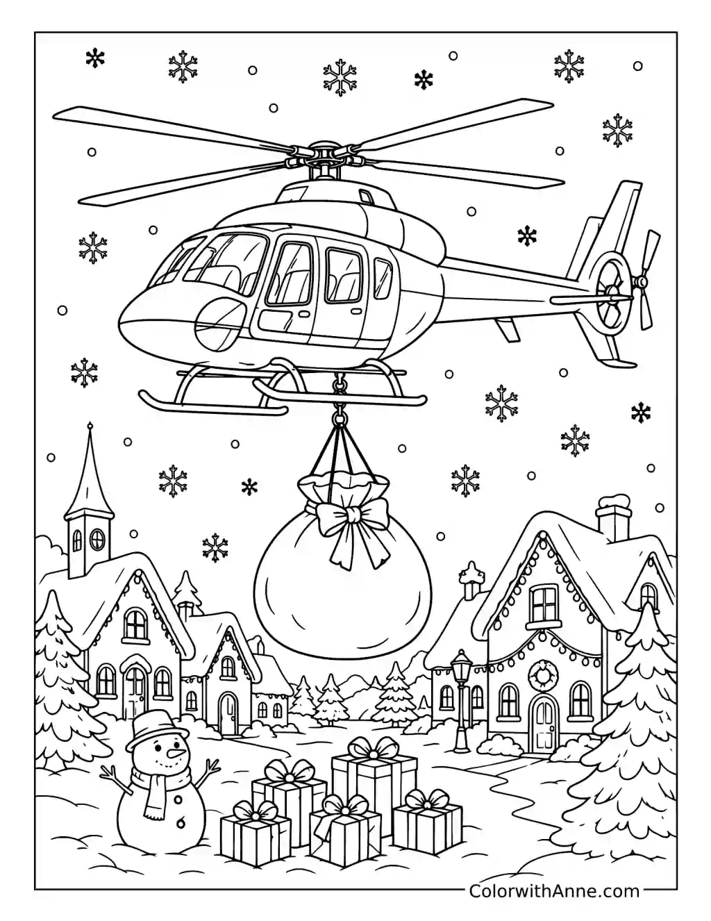 Christmas Helicopter Delivering Gifts coloring page