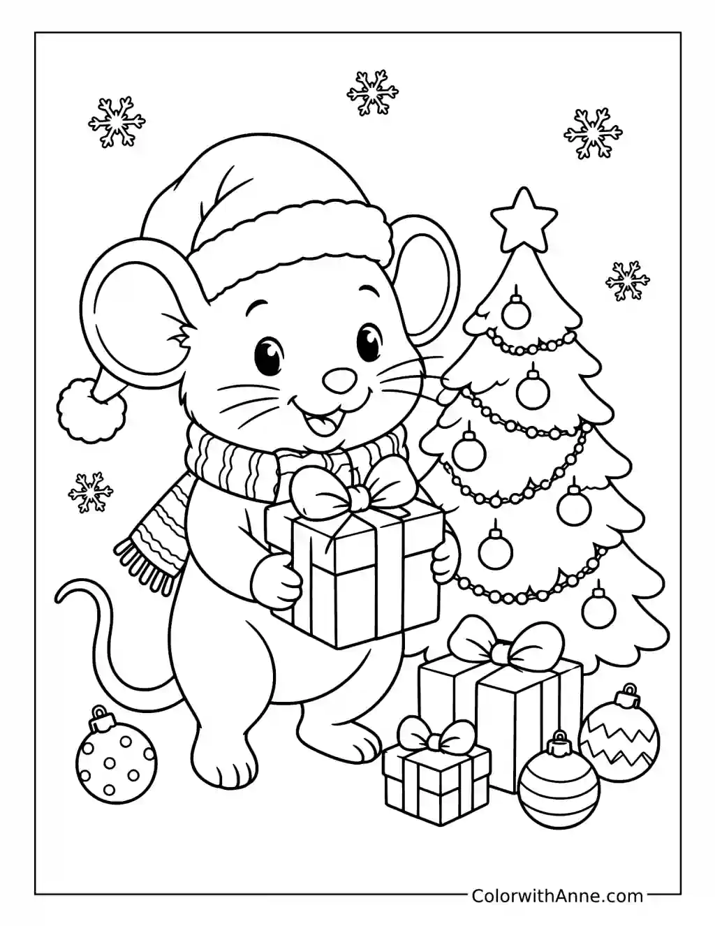 Christmas Mouse with a Gift coloring page