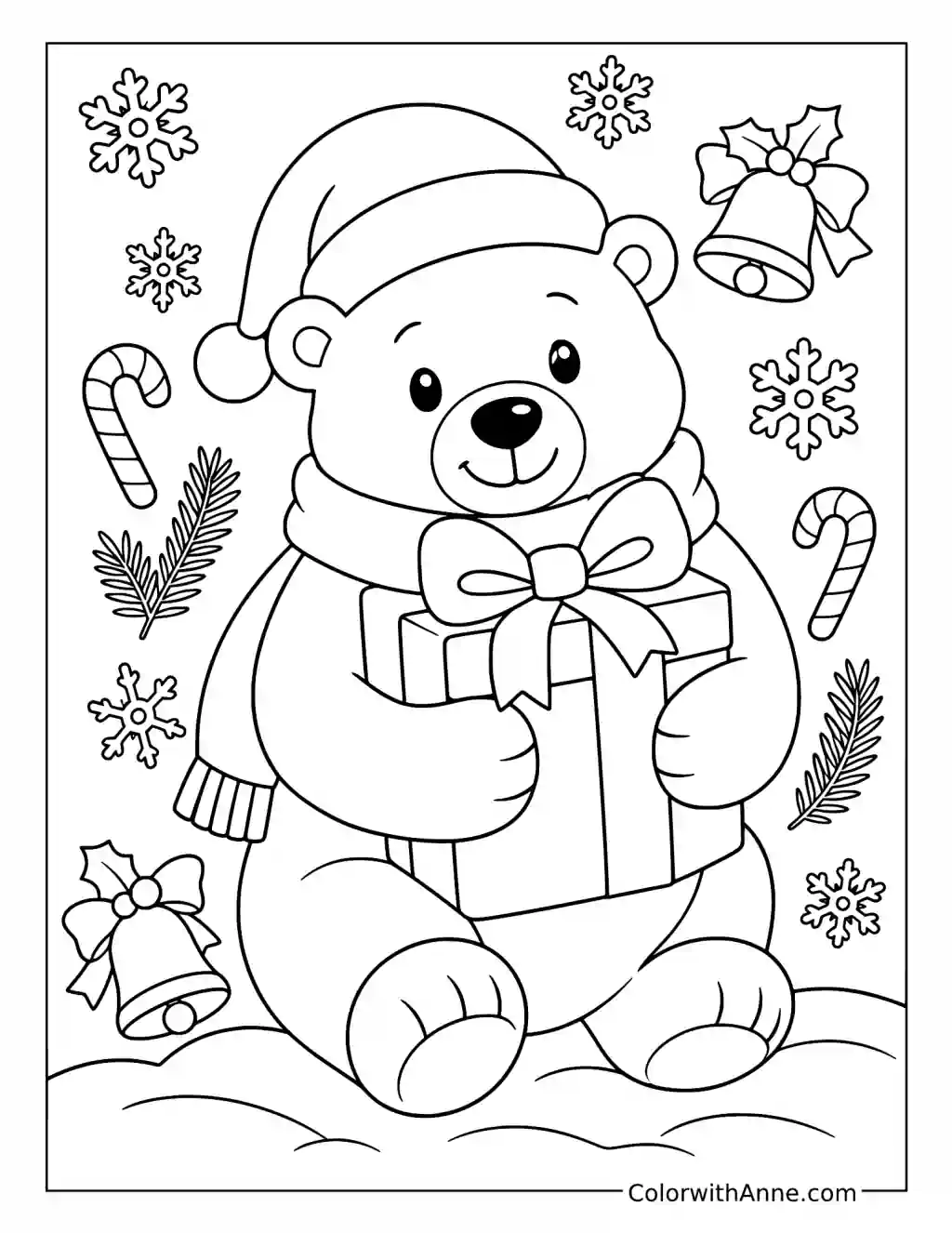 Christmas Polar Bear Holding a Gift coloring page