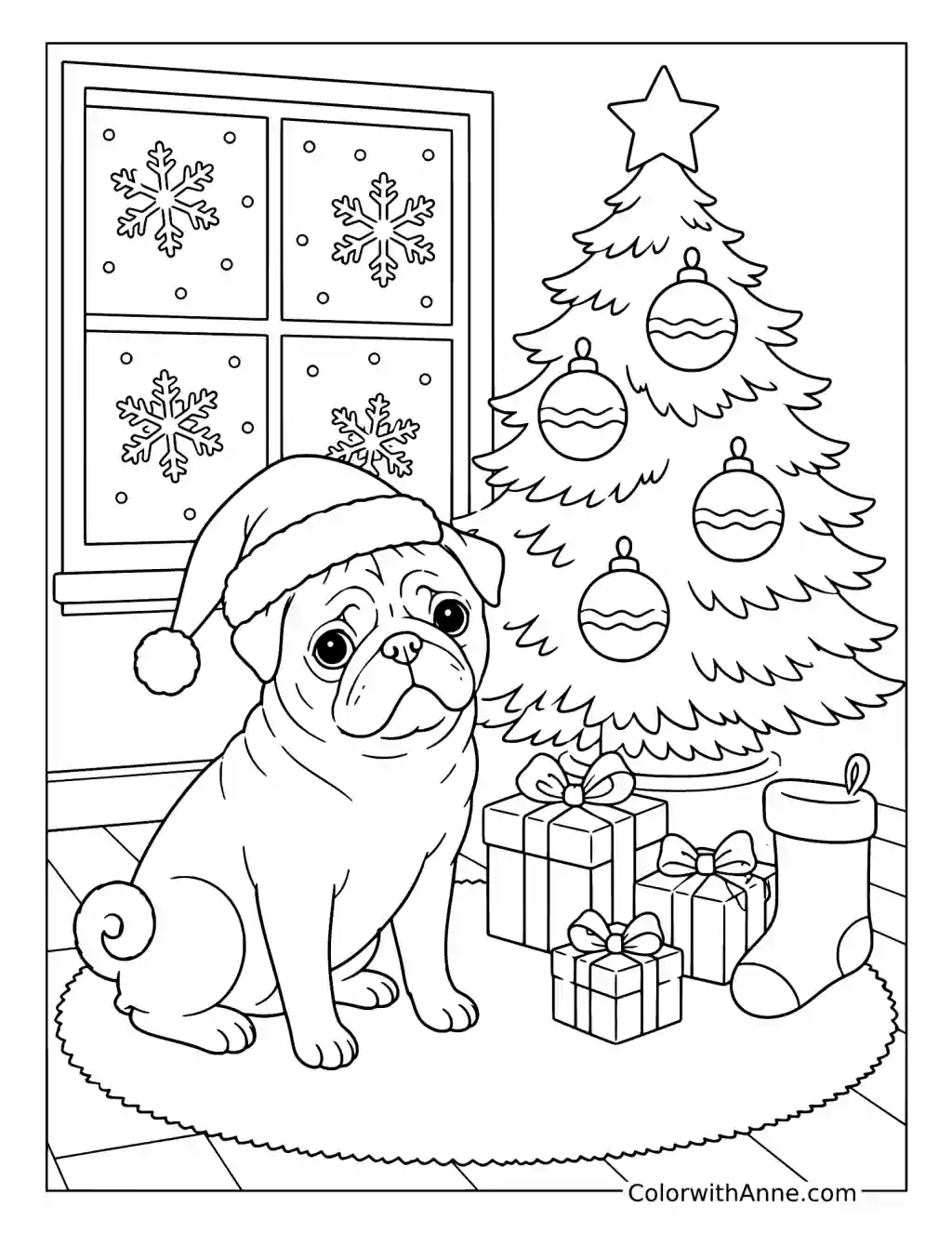 Christmas Pug by the Tree coloring page