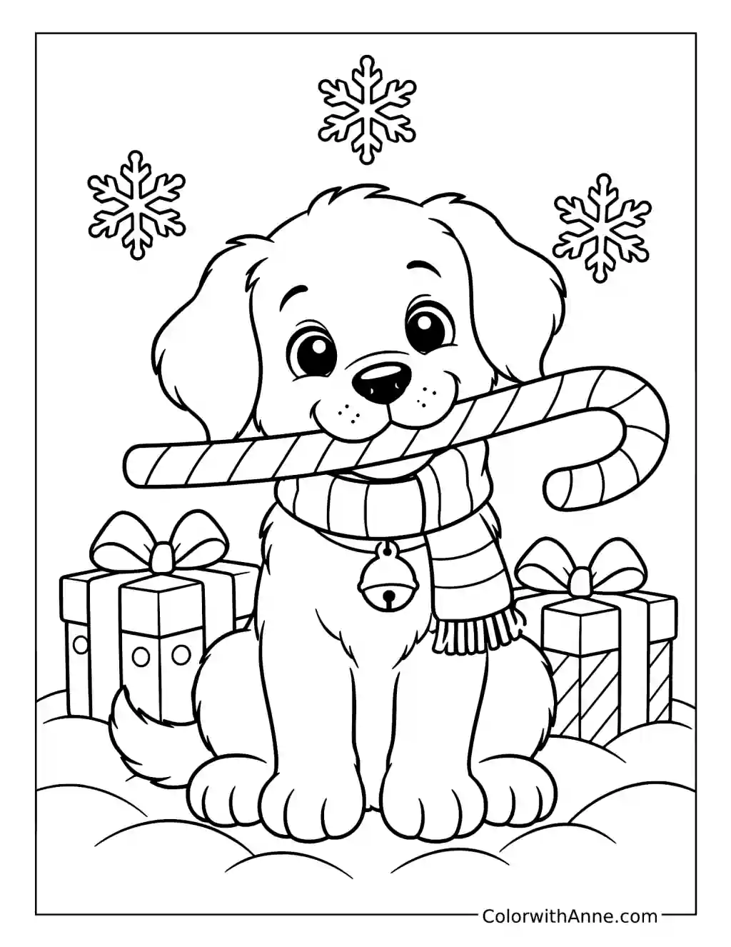Christmas Puppy with a Candy Cane coloring page
