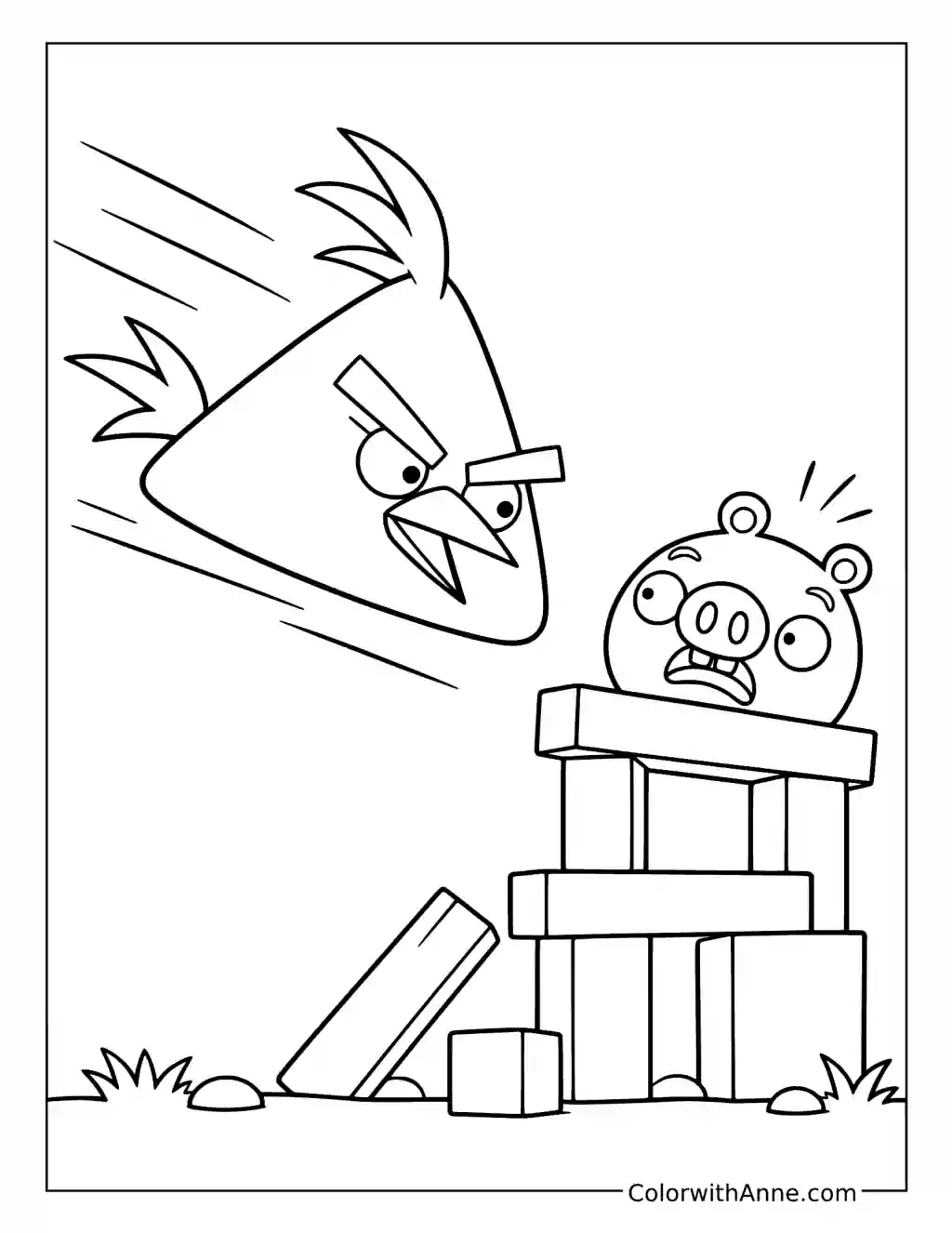 Chuck speeds toward a startled pig perched on a small wooden tower, with motion lines trailing behind.