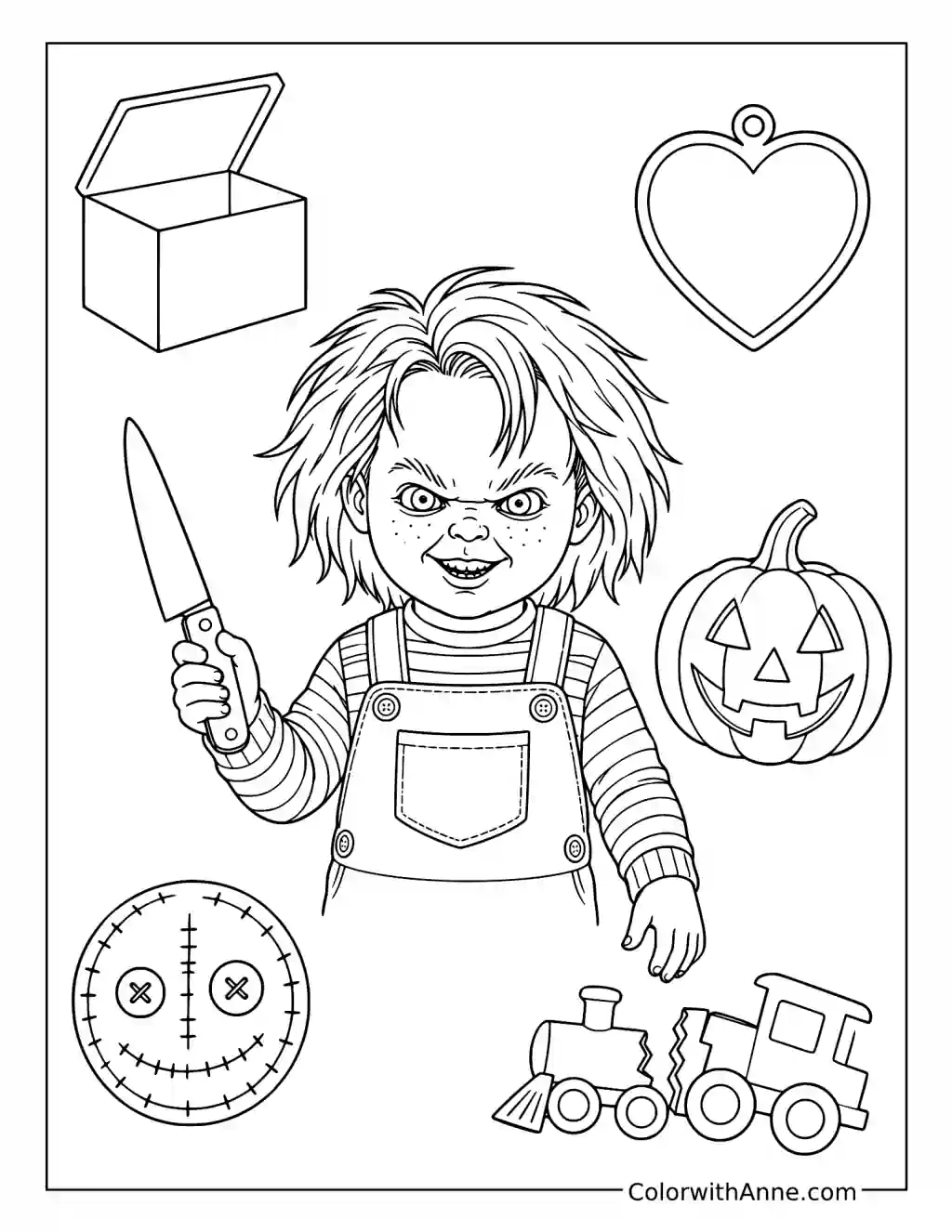 Chucky and Six Spooky Icons coloring page