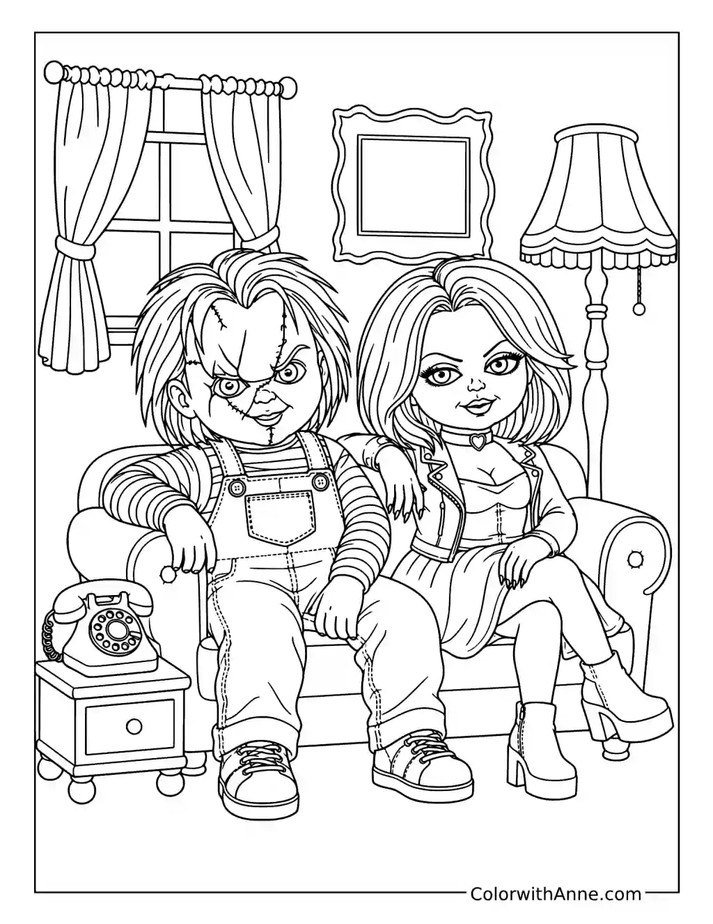 Chucky and Tiffany’s Creepy Dollhouse coloring page