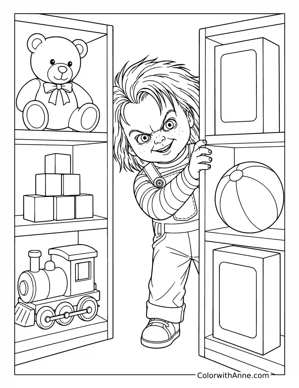 Chucky Peeks Between Toy Shelves coloring page