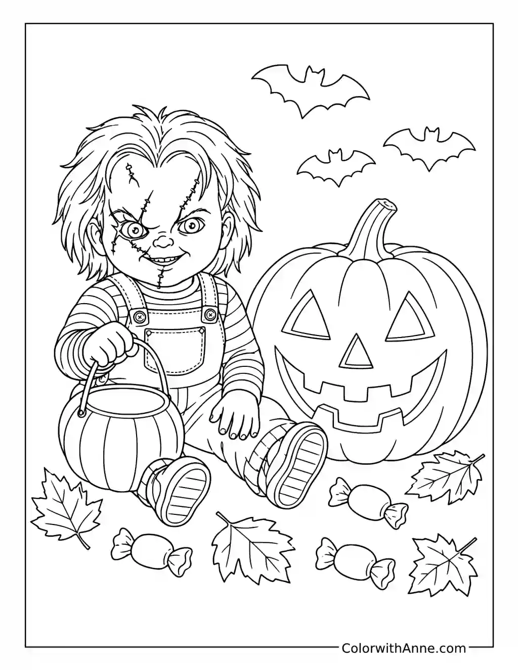 Chucky with Pumpkin and Candy coloring page