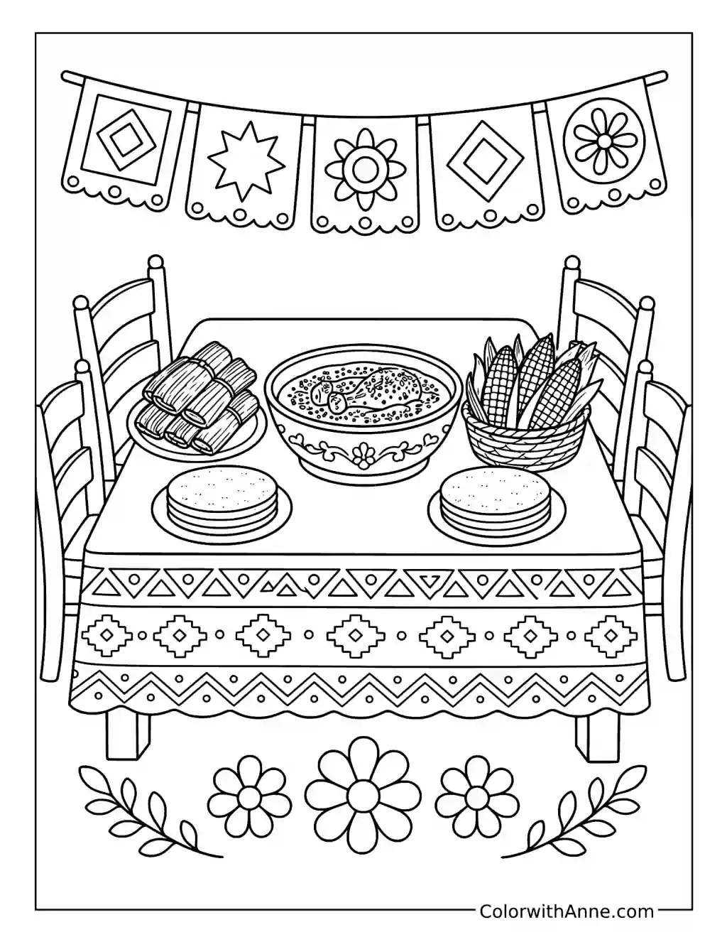 Cinco de Mayo Feast with Tamales Corn and Tortillas coloring page