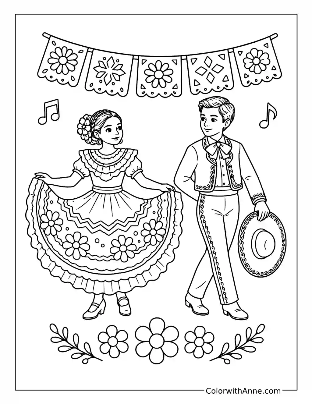 Cinco de Mayo Folklorico Dancers Beneath Paper Banners coloring page