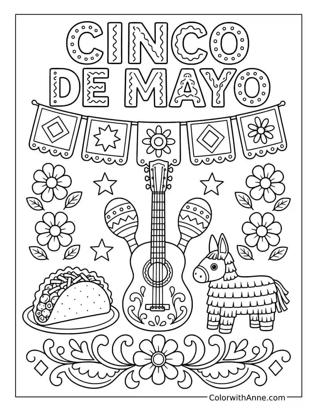 Cinco de Mayo Lettering with Guitar Taco and Pinata coloring page