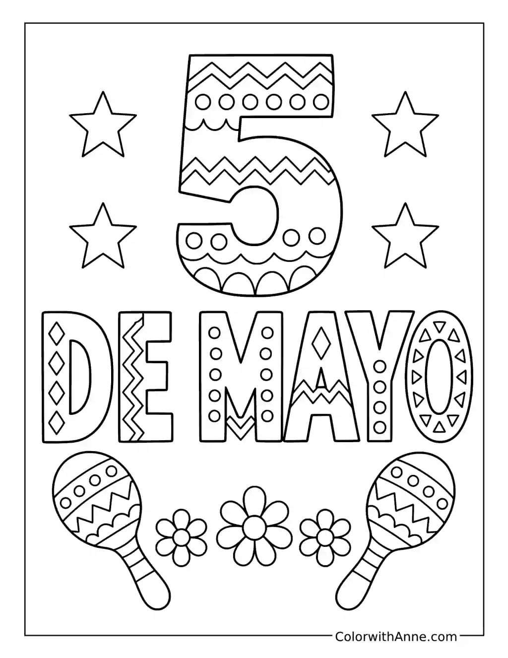 Cinco de Mayo Patterned Lettering with Maracas coloring page