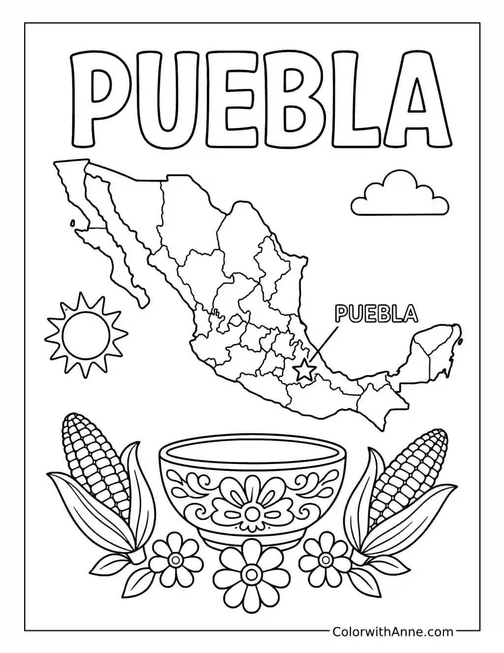 Cinco de Mayo Puebla Map with Corn and Pottery coloring page