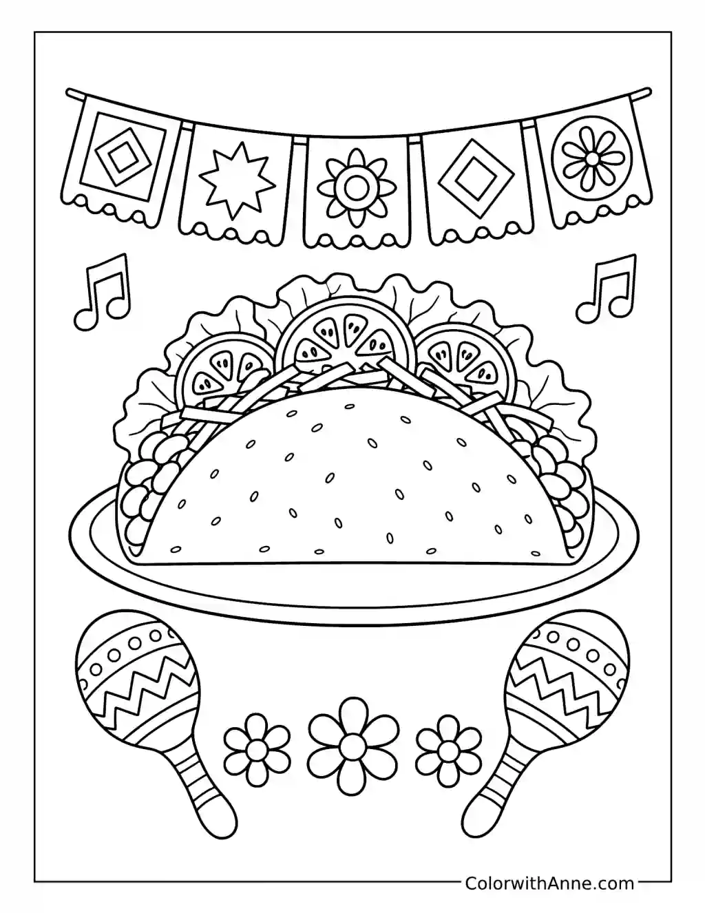 Cinco de Mayo Taco with Maracas and Banners coloring page