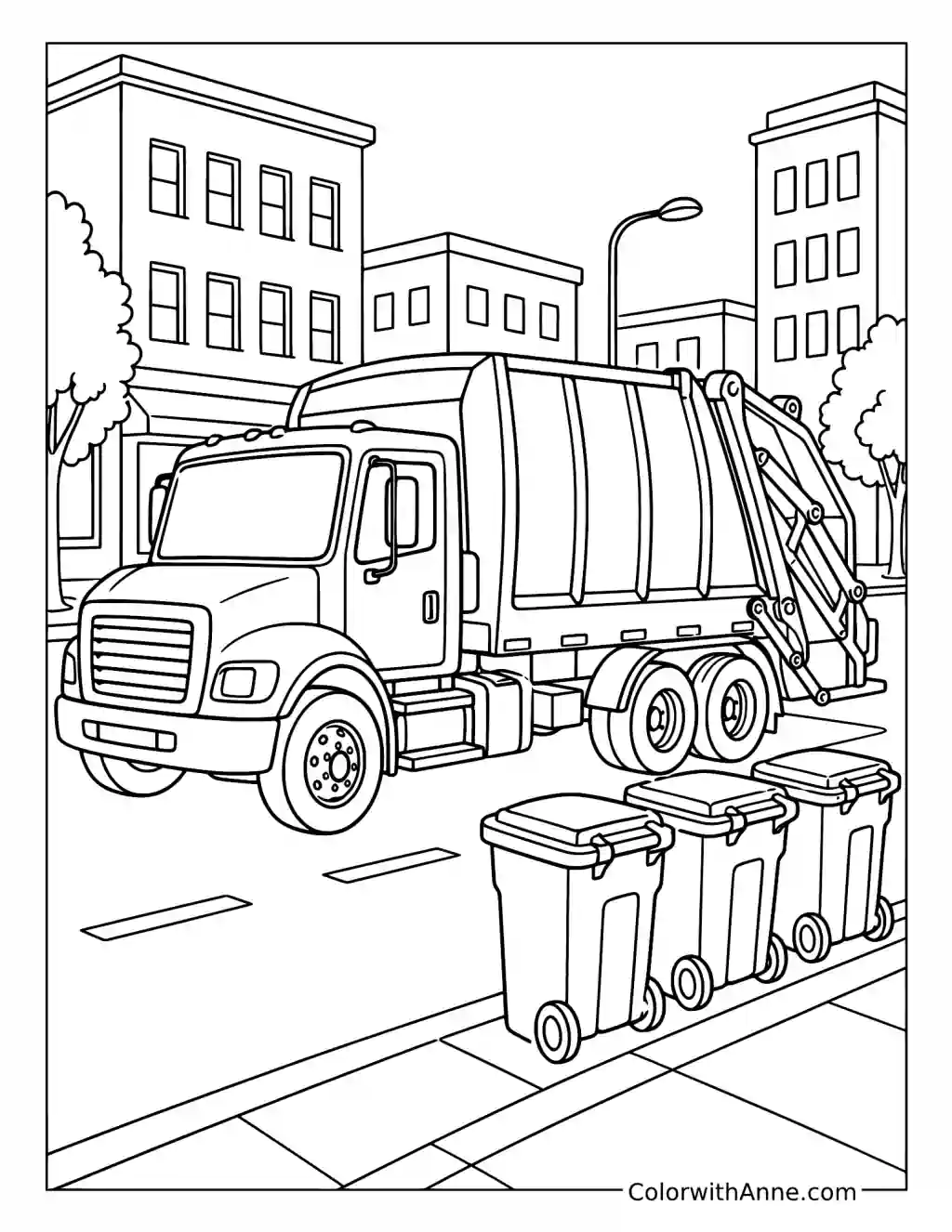 City Garbage Truck Street Scene coloring page
