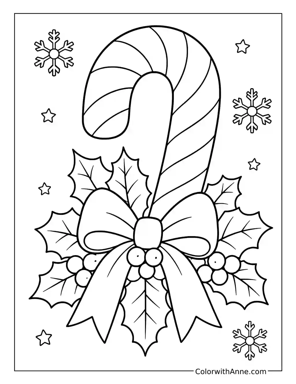 Classic Candy Cane with Bow and Holly coloring page