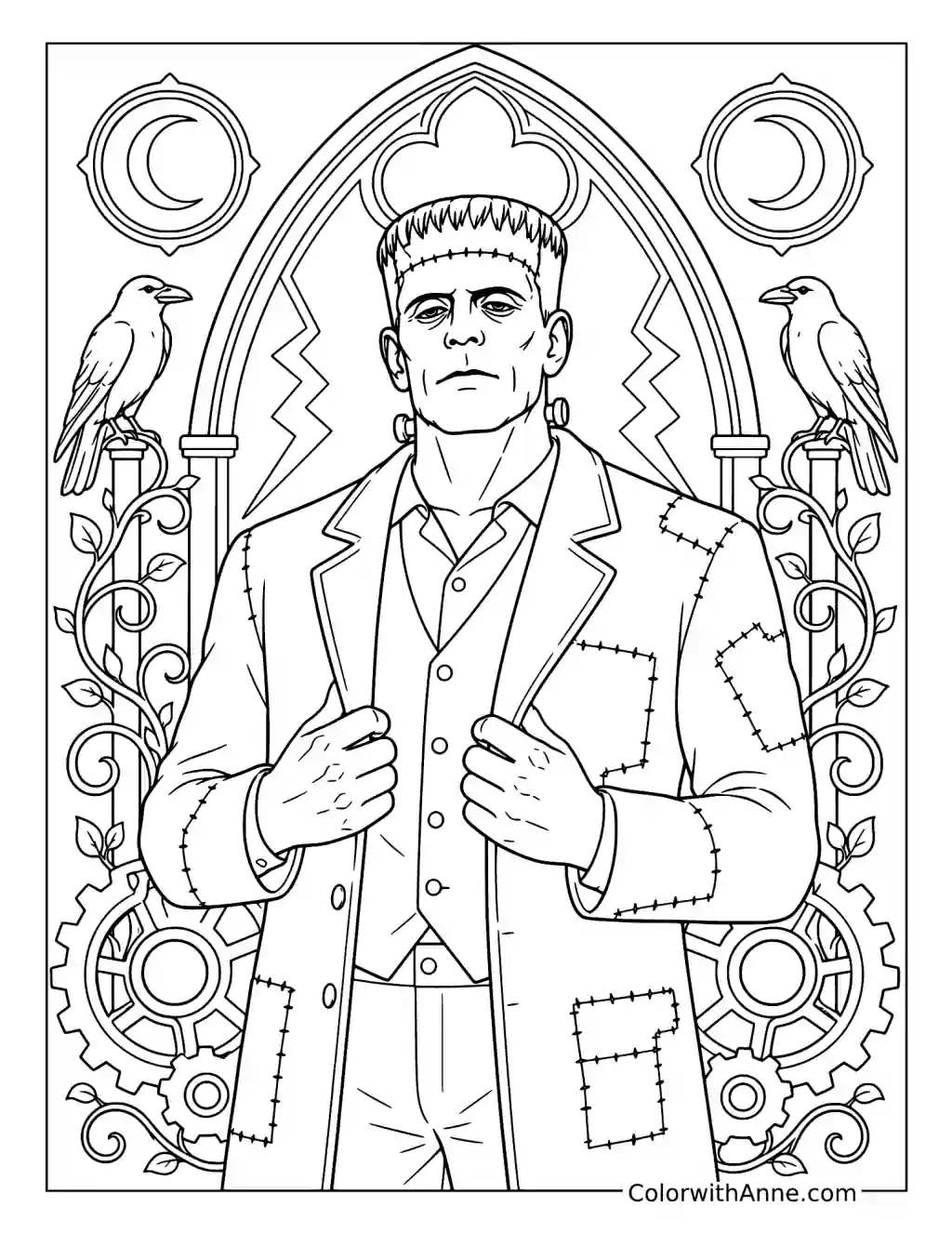 Classic Frankenstein Portrait with Ravens and Gears coloring page