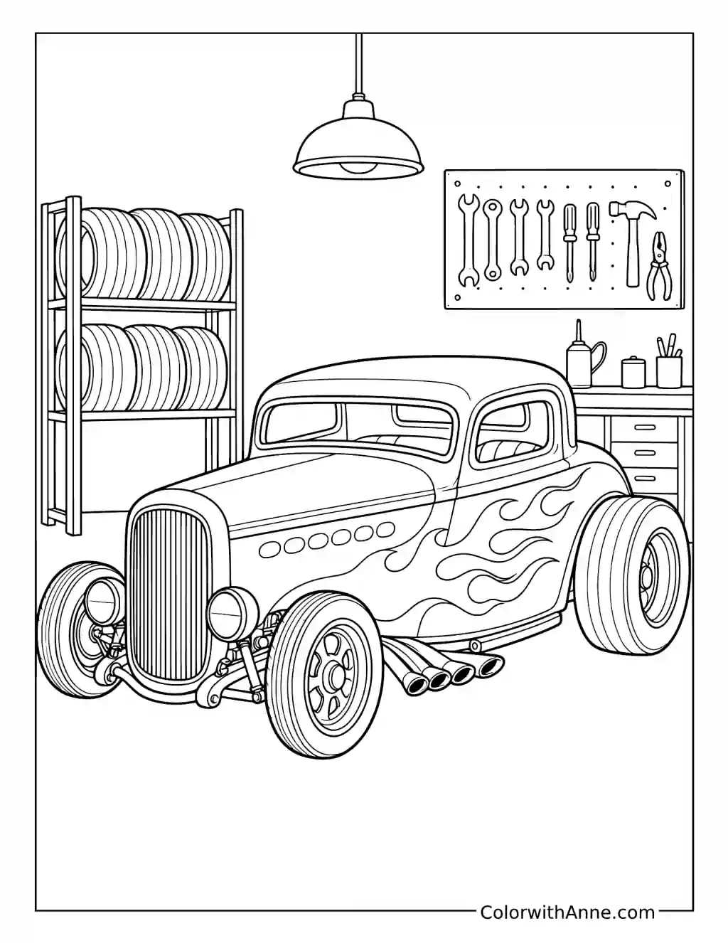 Classic Hot Rod in a Garage coloring page