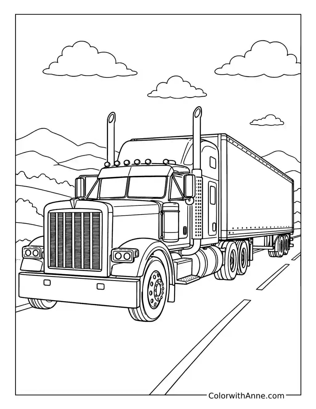 Classic Long-Nose Semi Truck coloring page