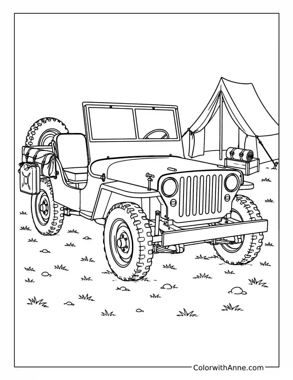 Classic Military Jeep at Camp coloring page
