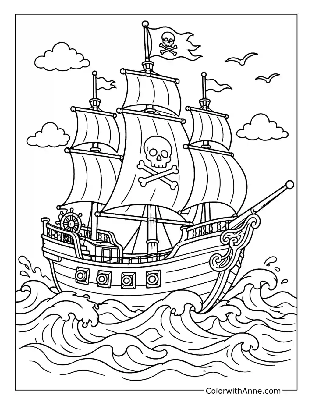 Classic Pirate Ship on Rolling Waves coloring page