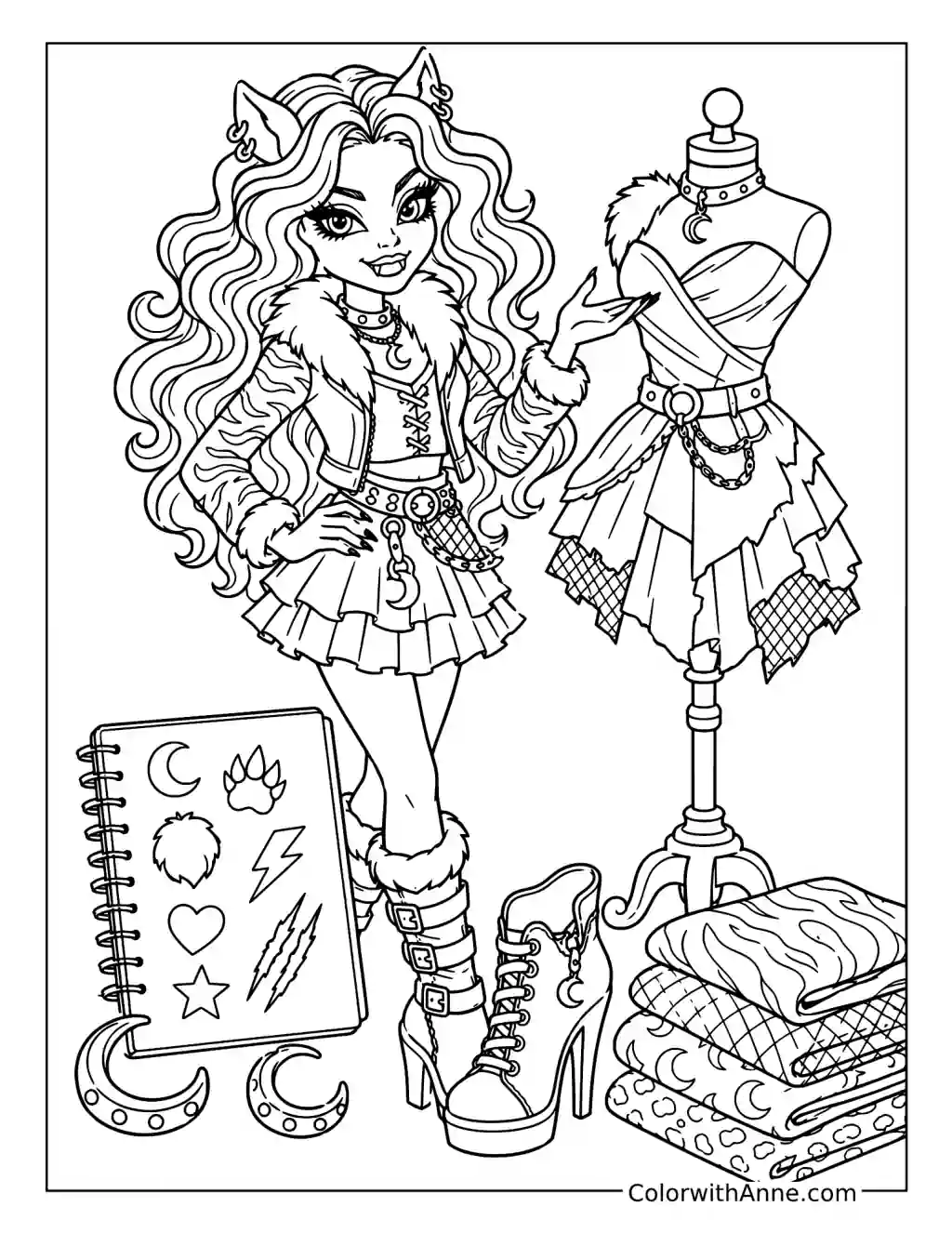 Clawdeen Wolf Designing an Outfit on a Dress Form coloring page