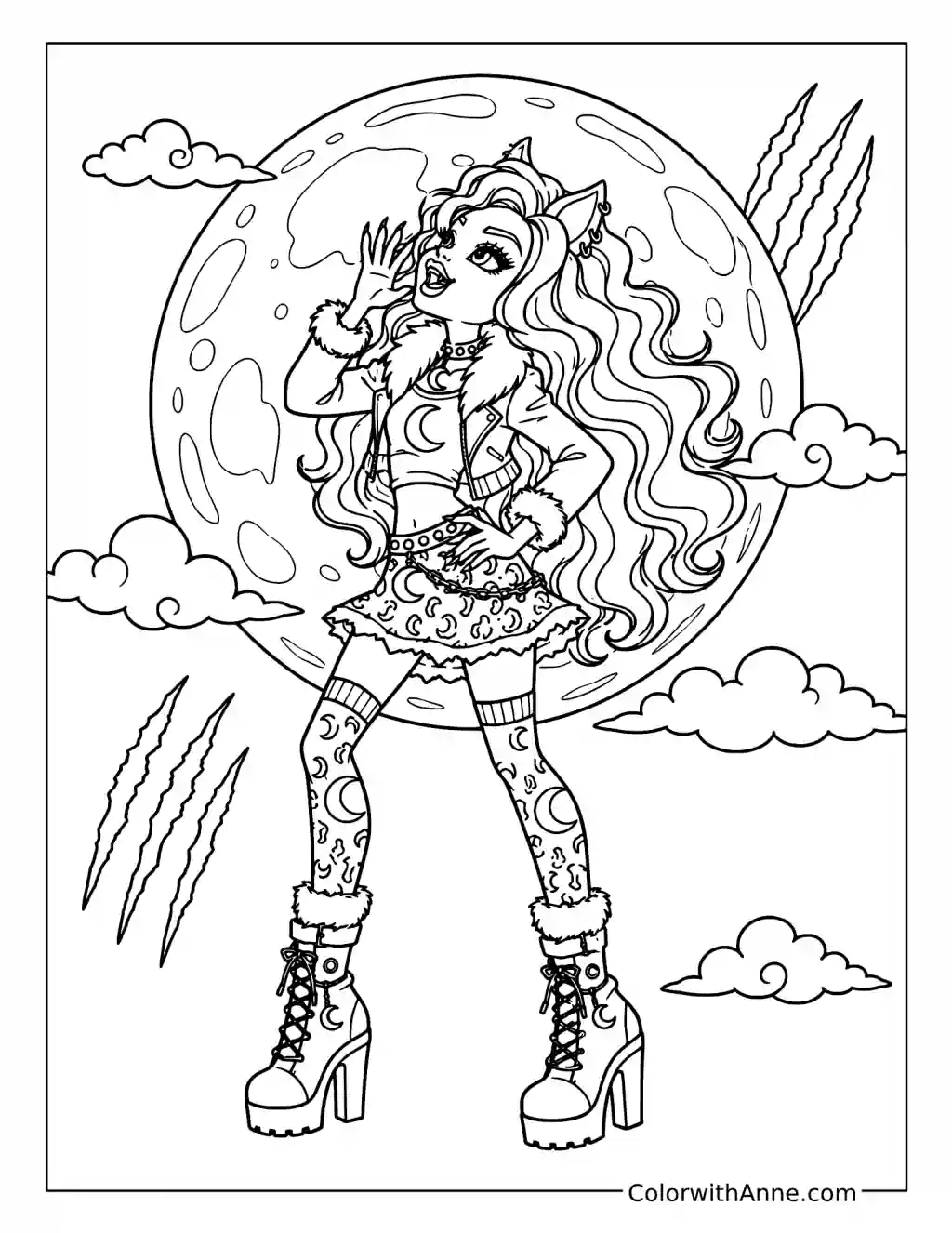 Clawdeen Wolf Howling Beneath a Full Moon coloring page