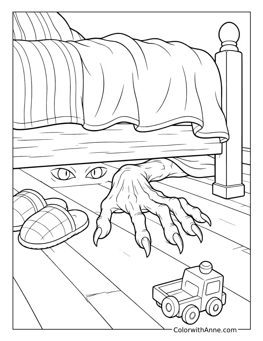 Clawed Monster Hiding under a Bed coloring page