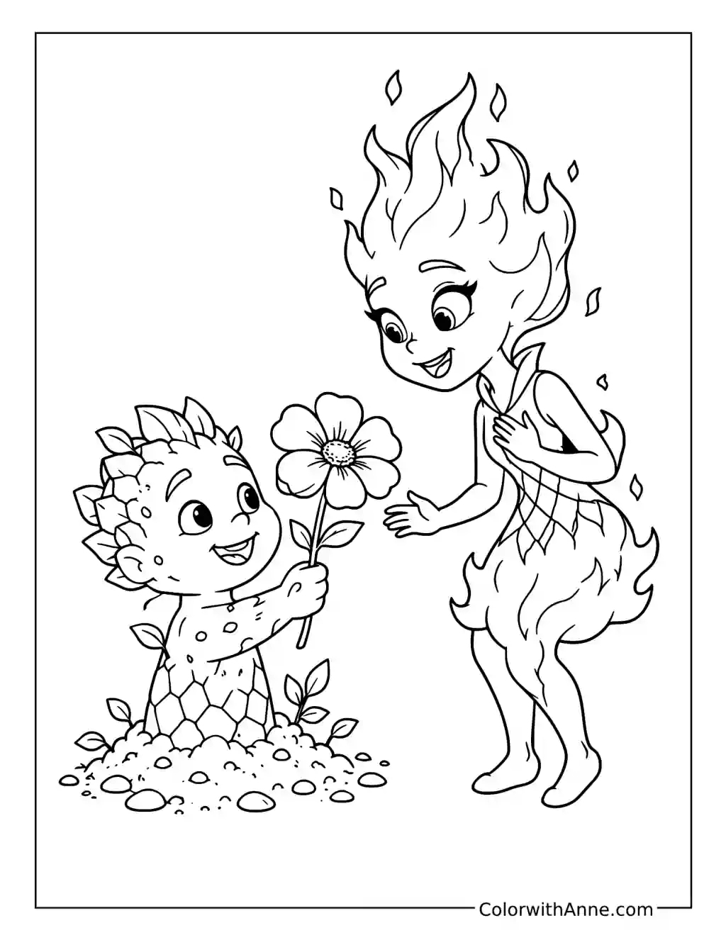 Clod Giving Ember a Flower coloring page