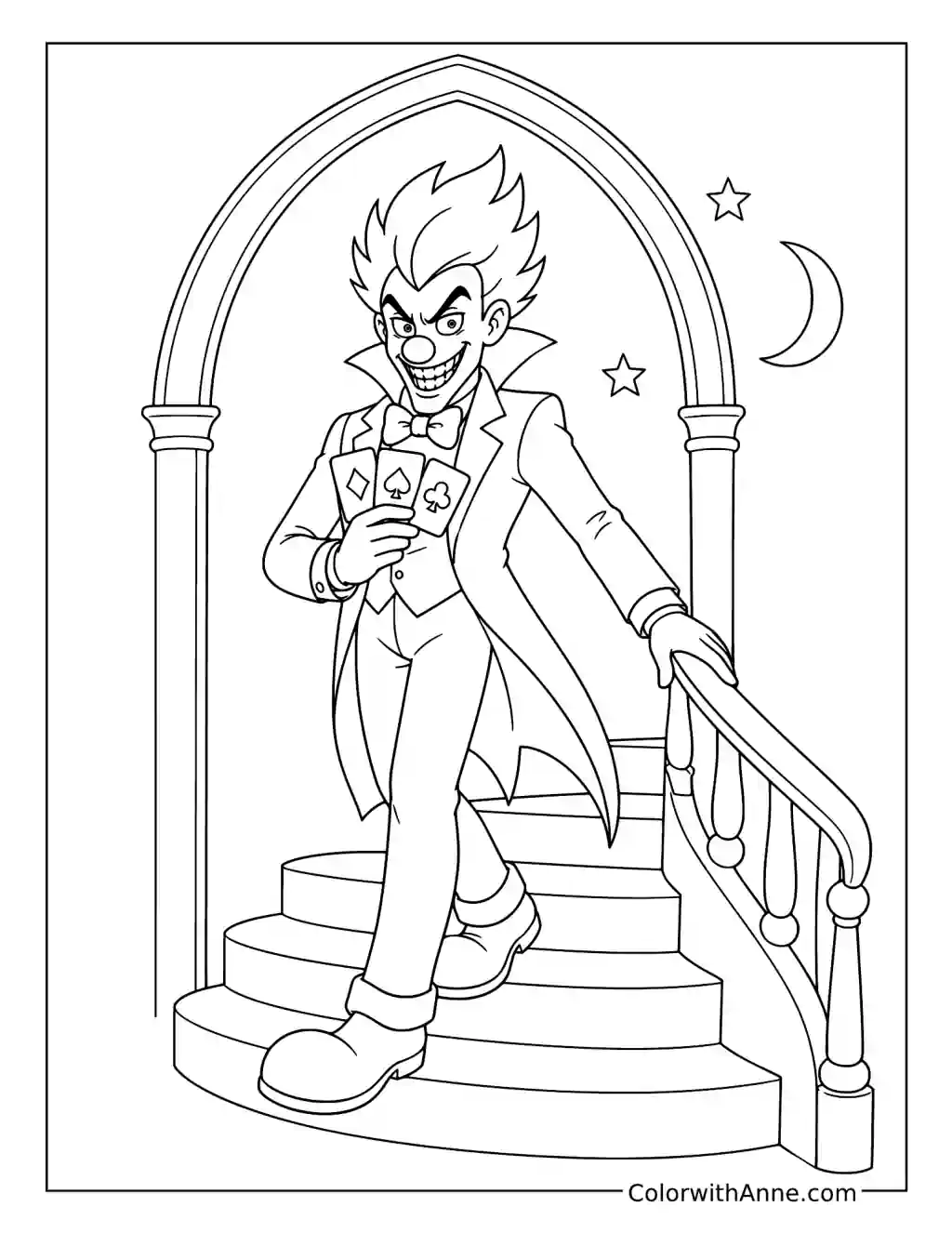 Clown Magician on Gothic Stairs coloring page