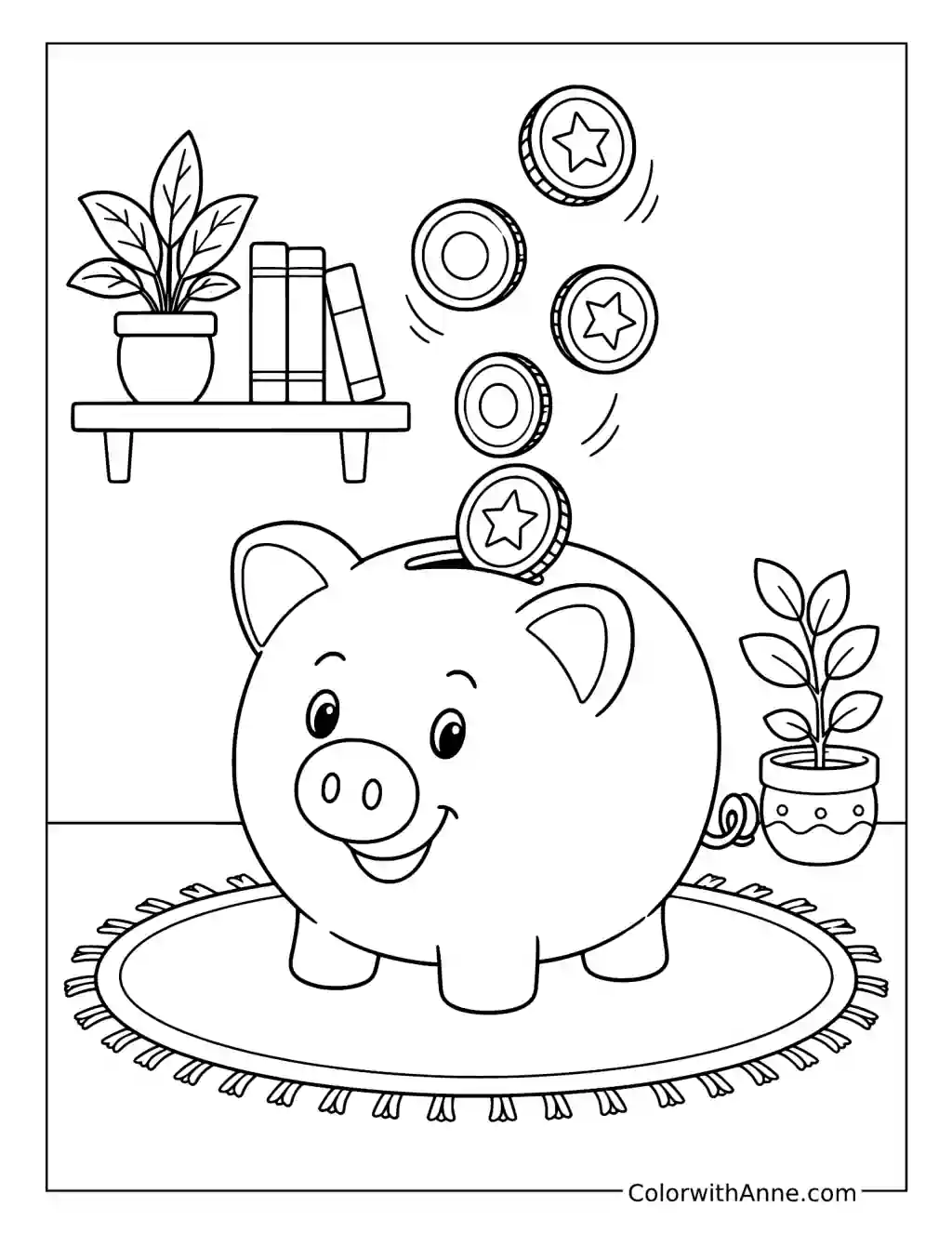 Coins Falling Into a Piggy Bank coloring page