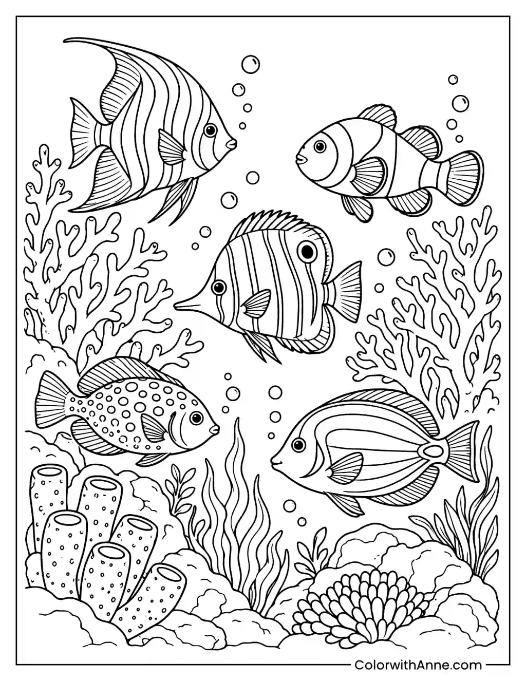 Colorful Fish in a Coral Reef Coloring Page