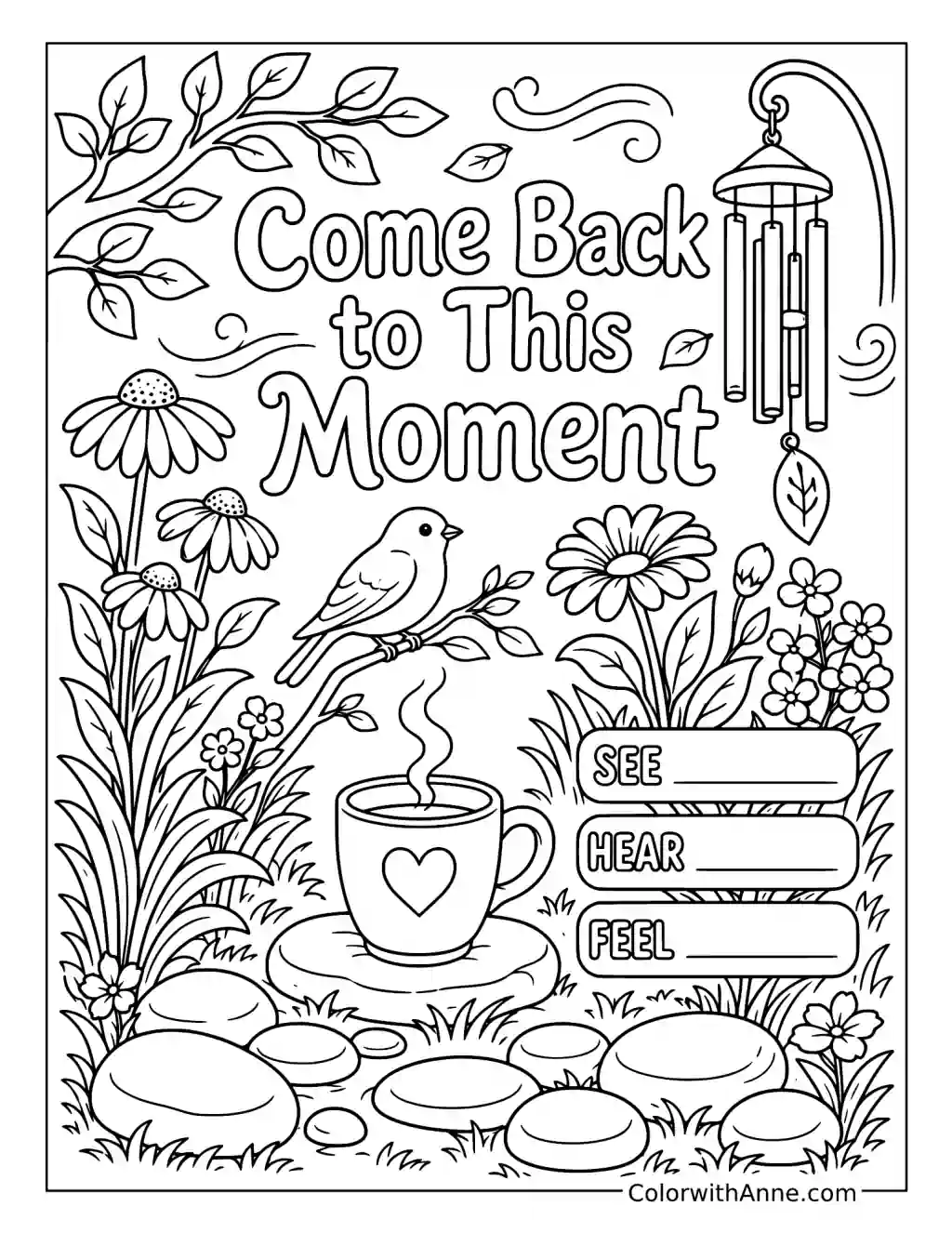 Come Back to This Moment with a Bird and Wind Chimes coloring page