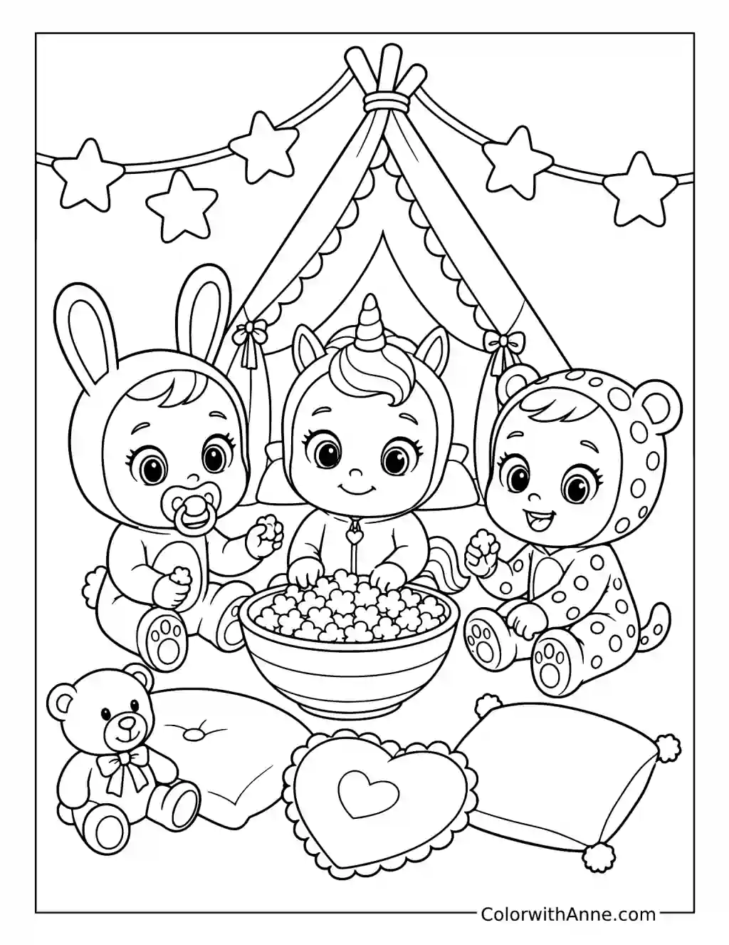 Coney Dreamy and Dotty Sharing Popcorn in a Tent coloring page