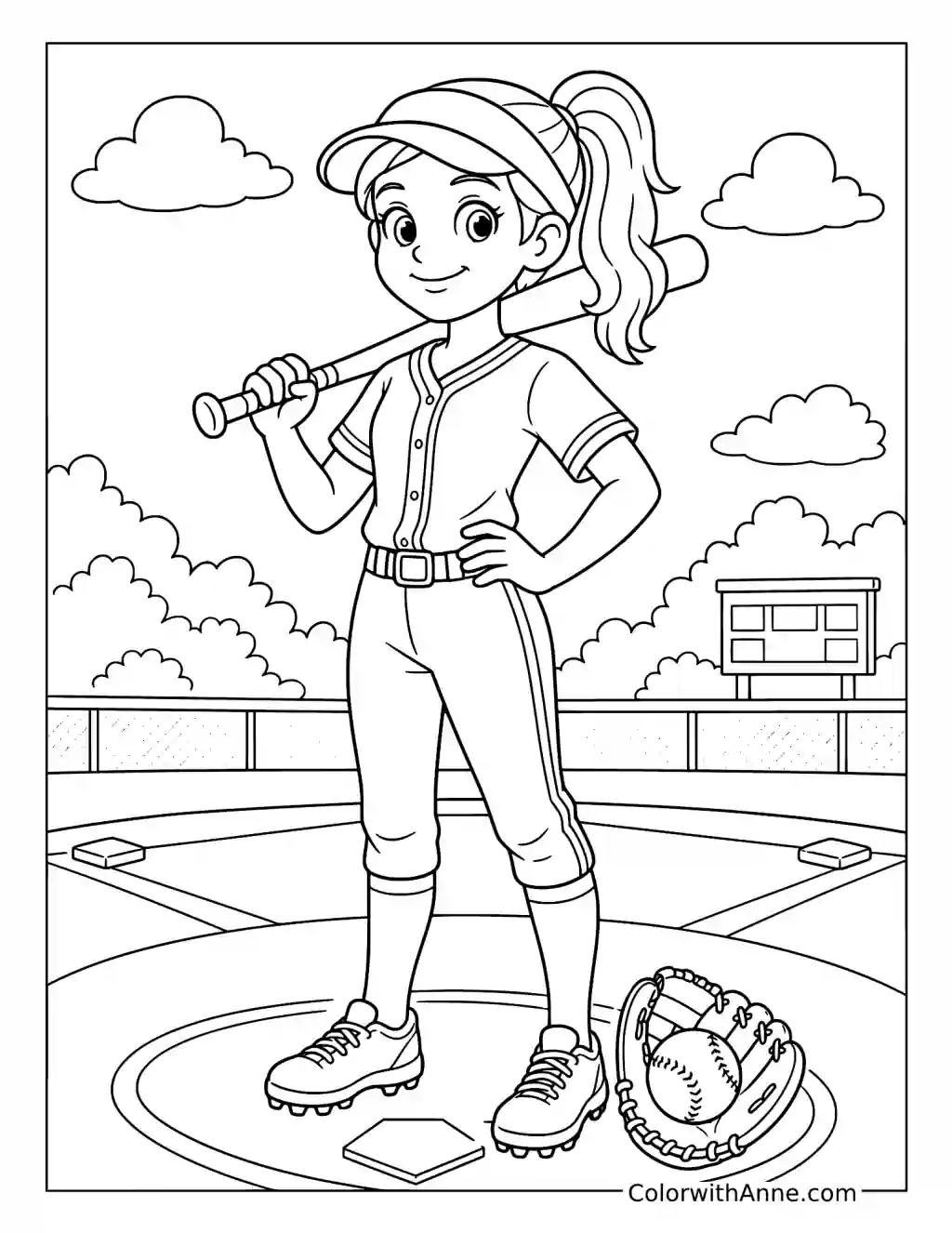 Confident Girl on the Softball Diamond coloring page