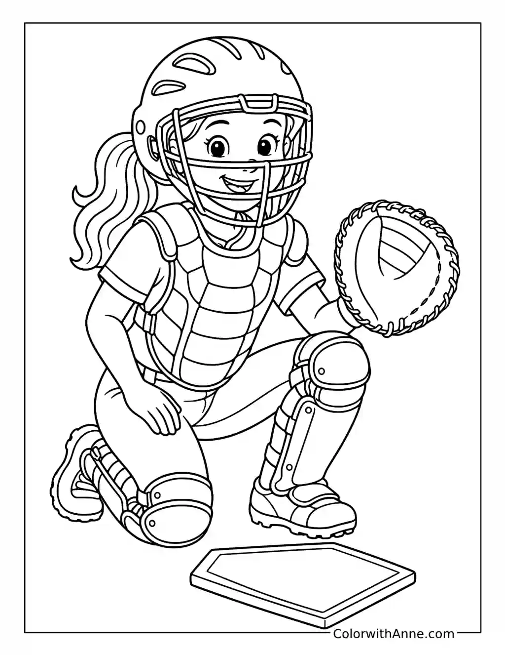 Confident Softball Catcher at Home Plate coloring page