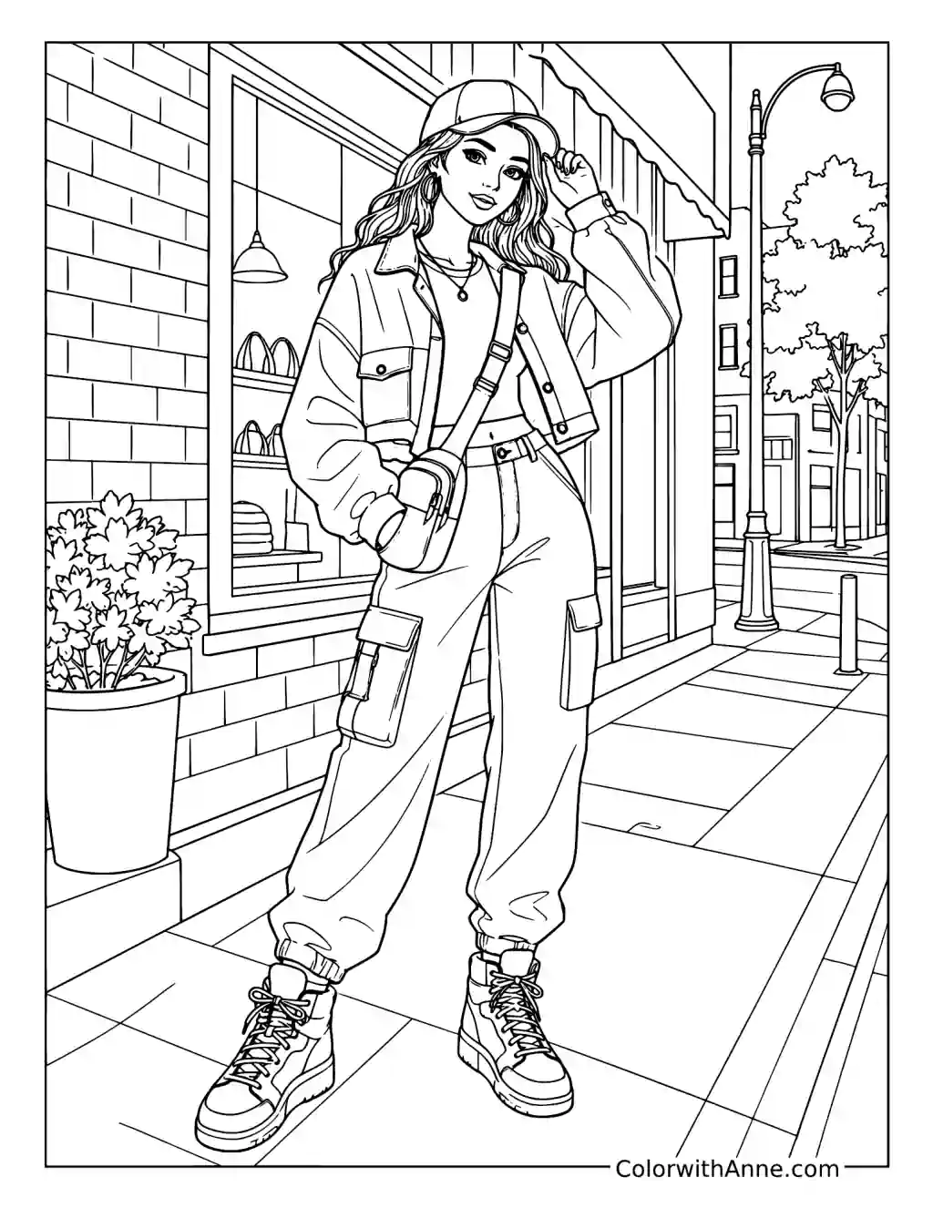 Confident Streetwear Girl on a City Street coloring page