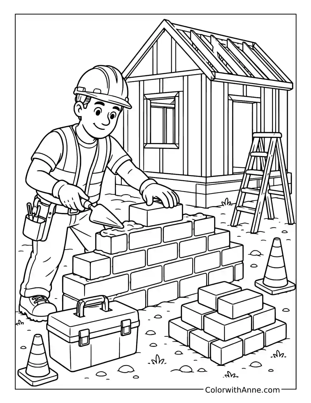 Construction Worker Building a Brick Wall coloring page
