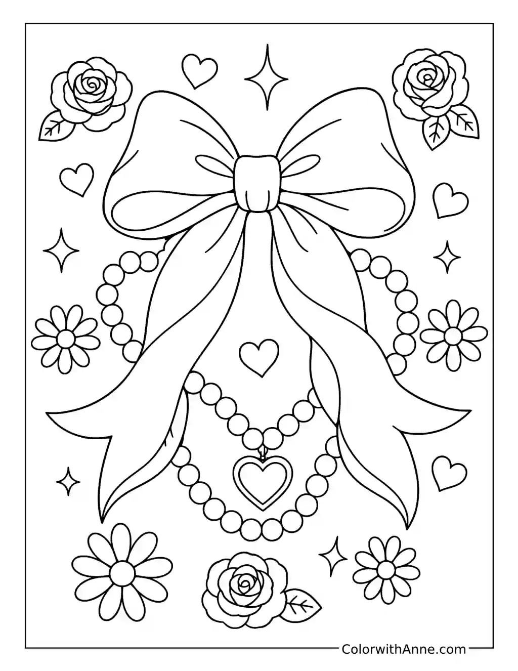 Coquette Bow and Pearls coloring page