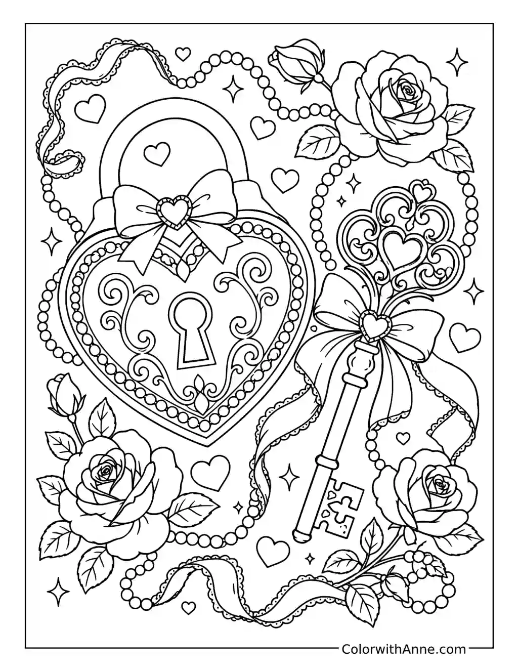Coquette Heart Lock and Key coloring page