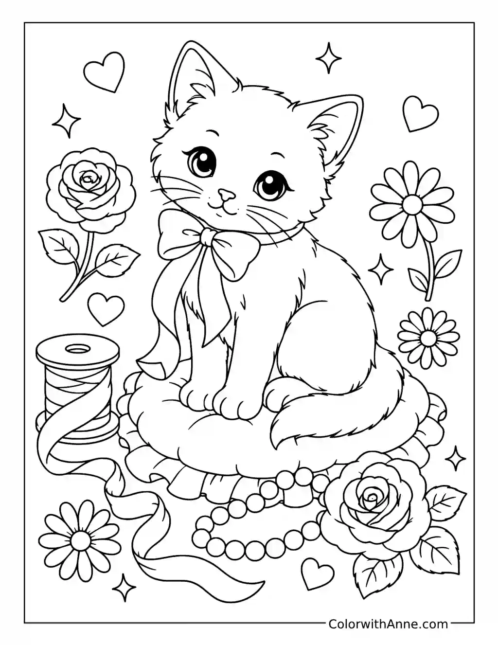 Coquette Kitten with Ribbons coloring page