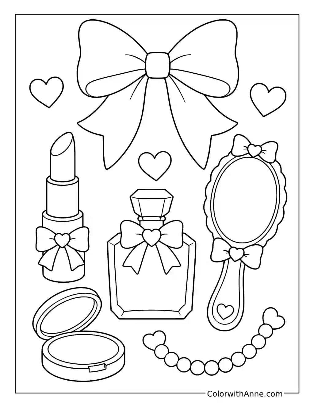 Coquette Makeup with Bows and Pearls coloring page