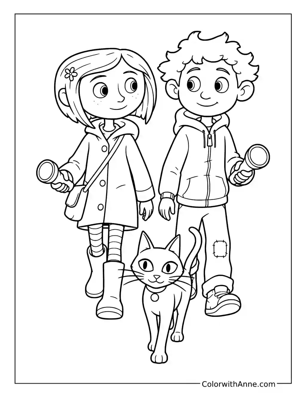 Coraline and Wybie Exploring with the Cat coloring page