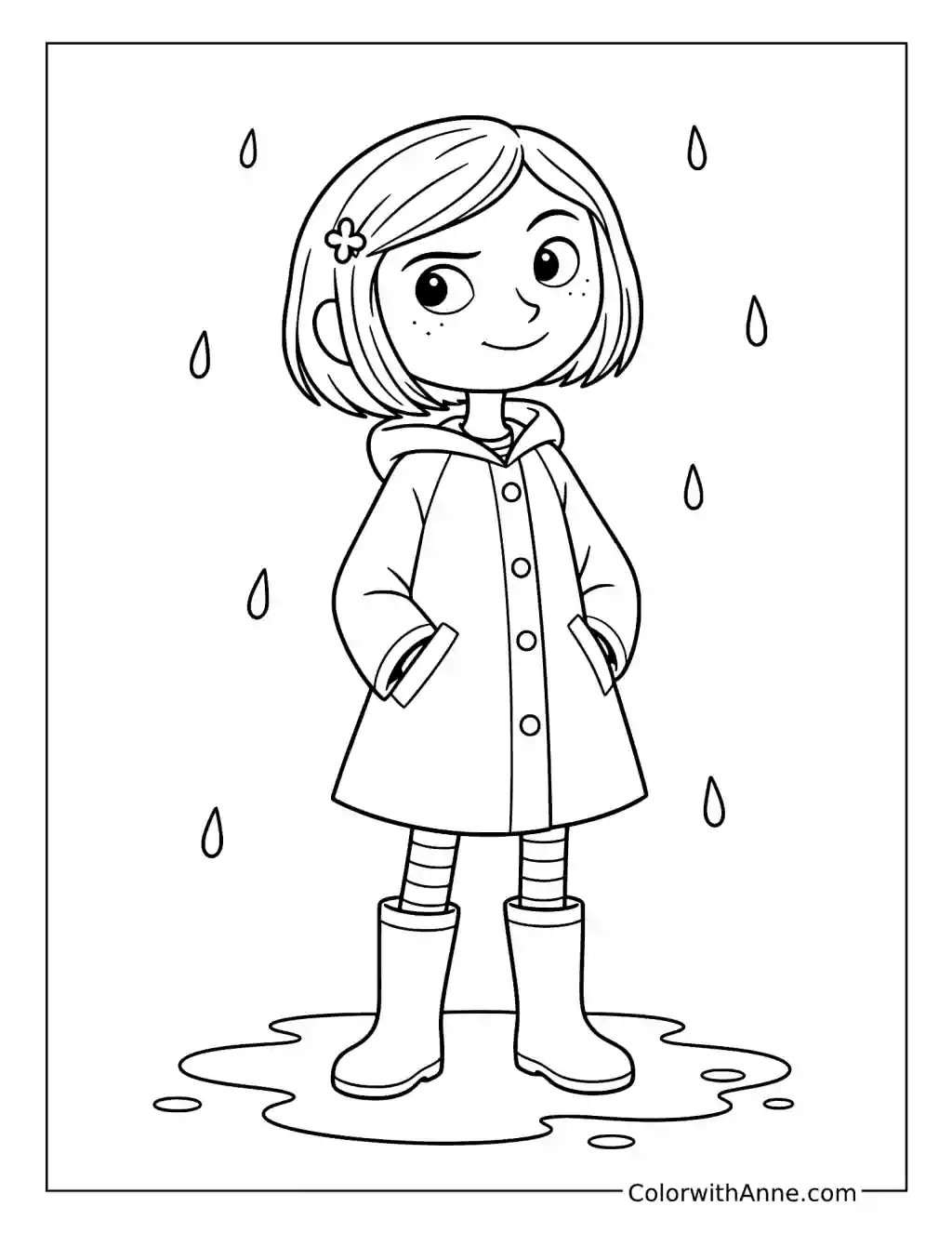 Coraline in a Raincoat and Puddle coloring page