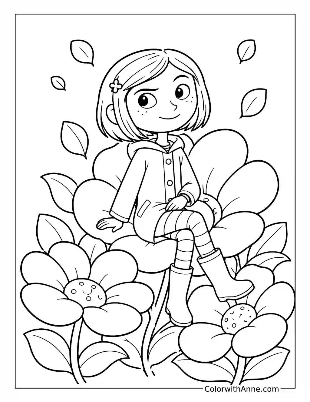 Coraline Sitting on a Giant Flower coloring page
