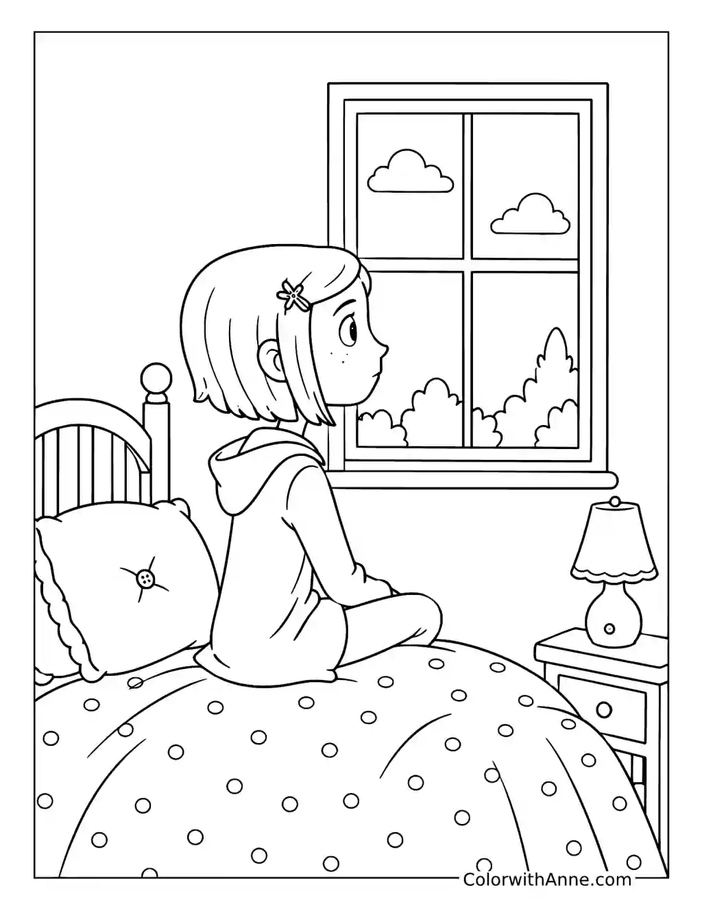 Coraline Sitting on Her Bed by the Window coloring page
