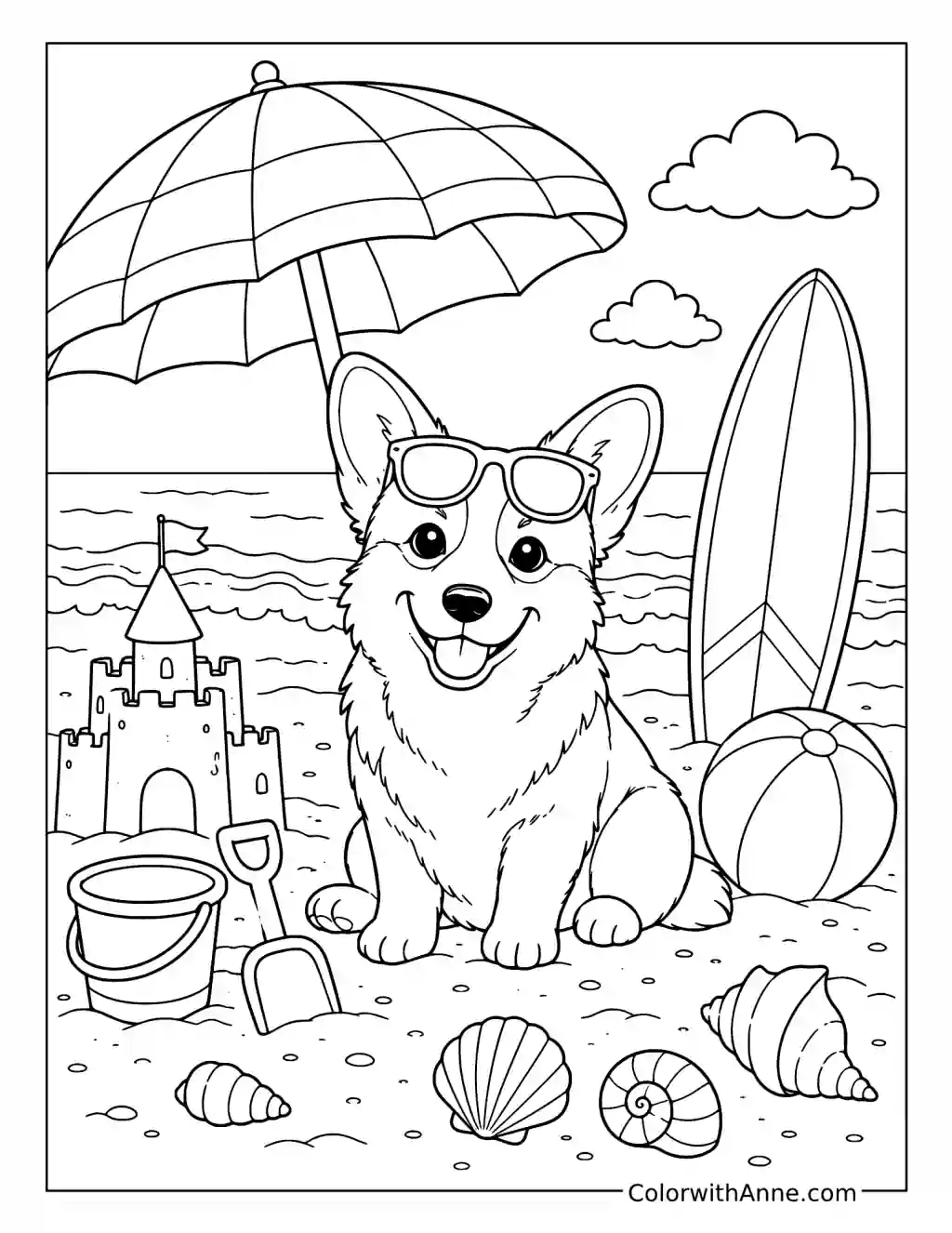 Corgi Beach Day coloring page