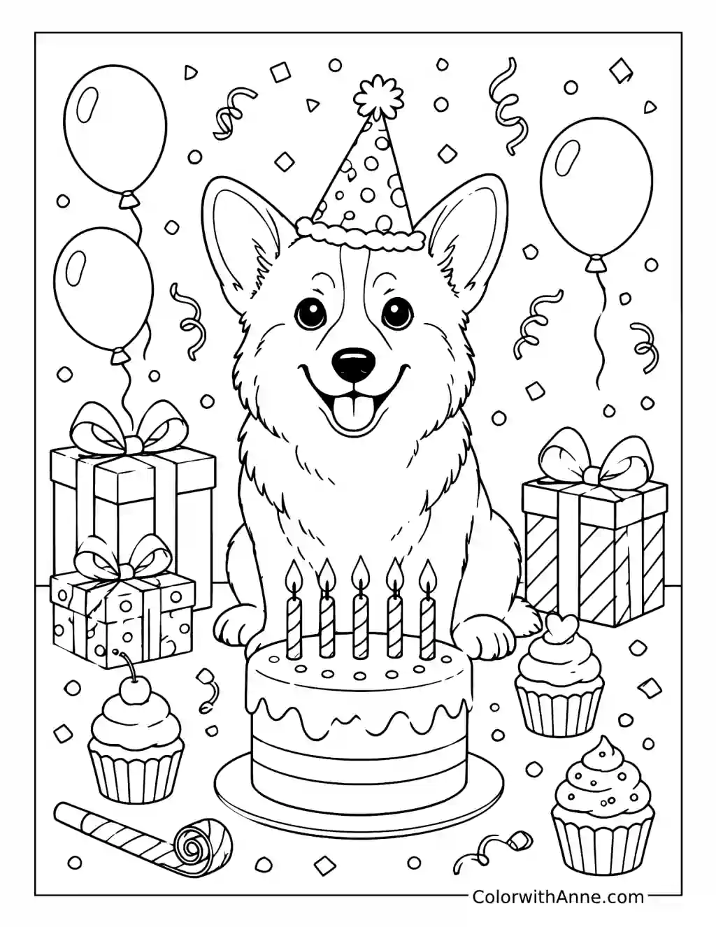 Corgi Birthday Party coloring page