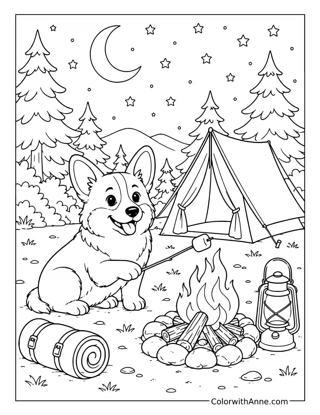 Corgi Camping under the Stars coloring page