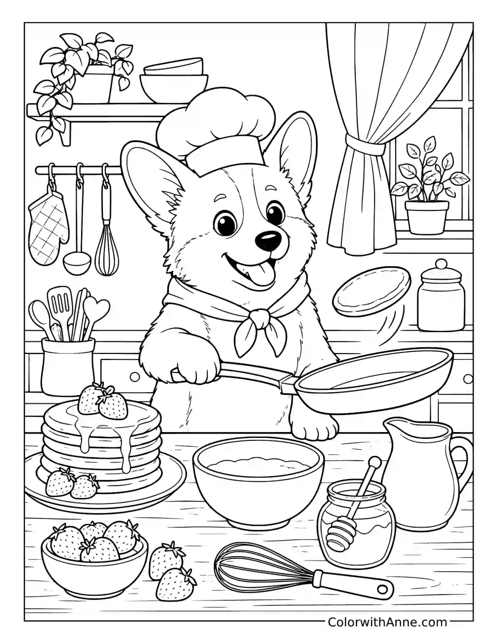Corgi Chef Making Pancakes coloring page